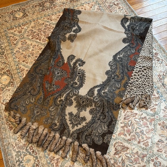LA FIORENTINA Rex Rabbit Fur Wool Reversible scarf wrap shawl wrap Brown tan